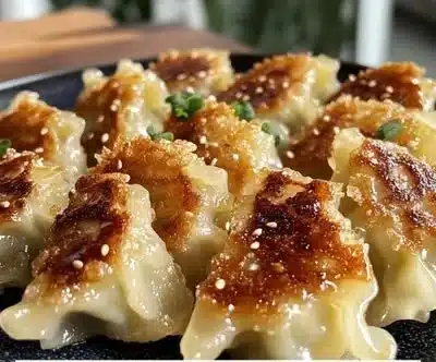 Crispy air fryer potstickers served on a plate with dipping sauce