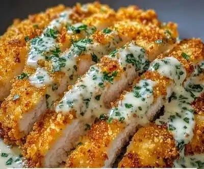 Crispy Parmesan Chicken with a golden-brown crust and fresh herbs.