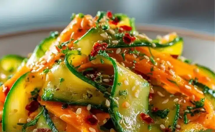 Fresh cucumber carrot salad with a crunchy texture, served in a bowl.