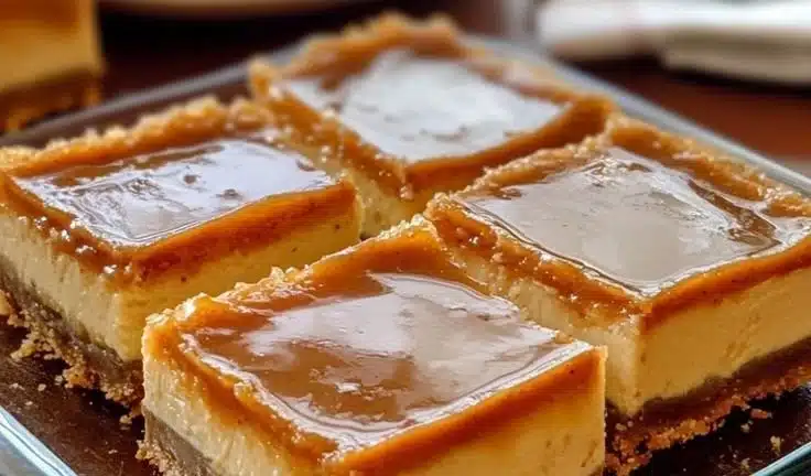 Delicious dulce de leche cheesecake bars topped with caramel drizzle.