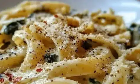 Delicious fast cheesy spinach pasta with creamy sauce and fresh spinach