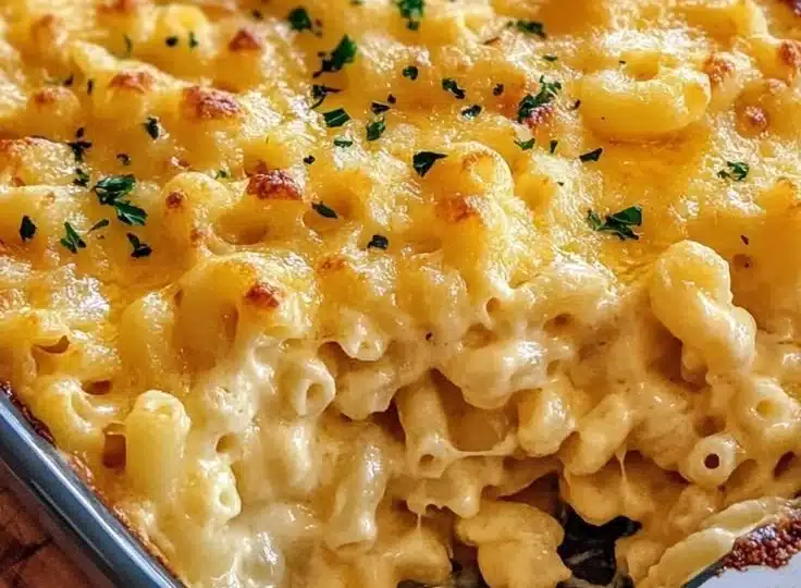 Delicious bowl of Four Cheese Mac and Cheese topped with golden breadcrumbs