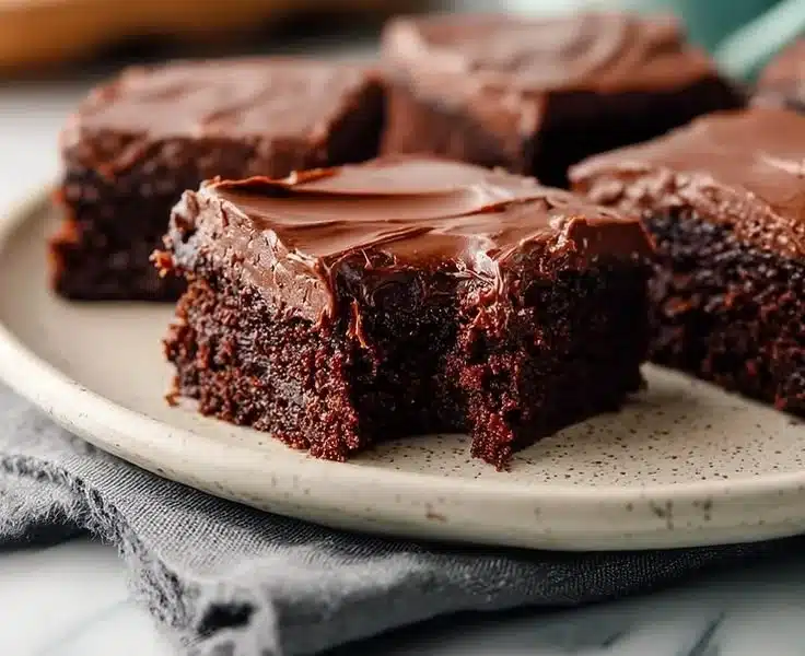 Fudgy Chocolate Frosted Brownies 4 Delicious fudgy chocolate frosted brownies on a plate