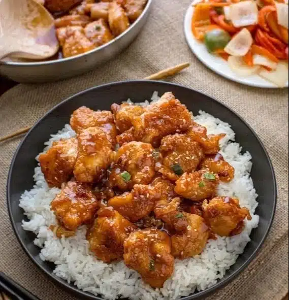 Delicious plate of General Tso's Chicken with sauce and broccoli