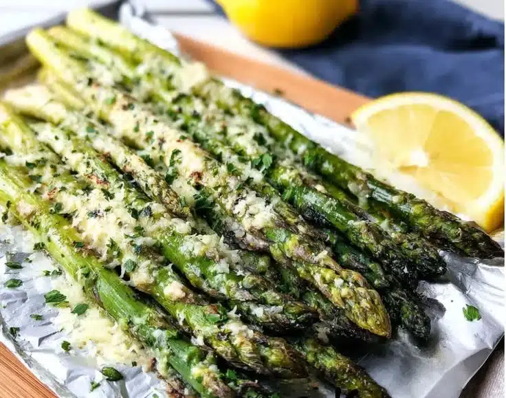 Grilled asparagus wrapped in foil and topped with Parmesan cheese