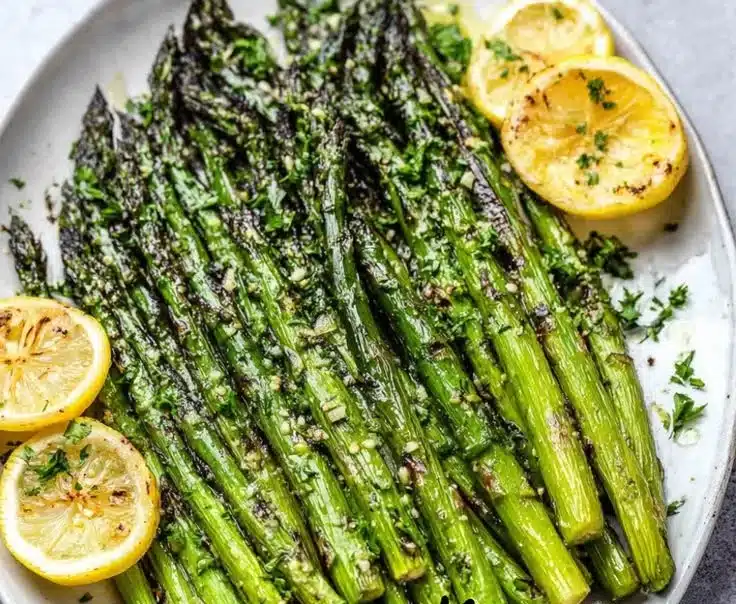 Grilled Asparagus with Lemon and Garlic 4 Delicious grilled asparagus with lemon and garlic served on a plate.