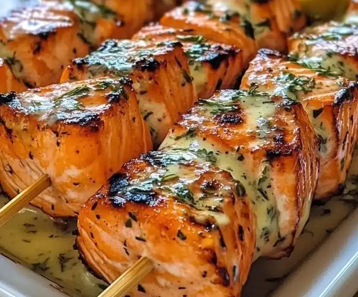 Delicious grilled salmon skewers on a platter ready to serve