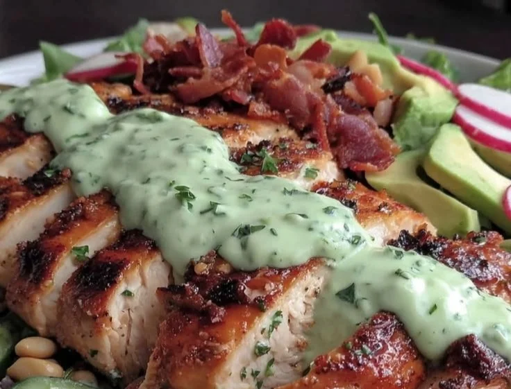 Healthy Green Goddess Chicken Salad with fresh greens and grilled chicken