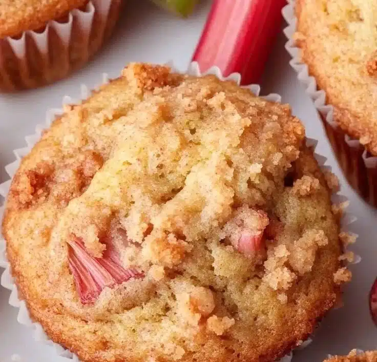 Healthy Rhubarb Muffins 3 Healthy rhubarb muffins fresh out of the oven, ready to be enjoyed.