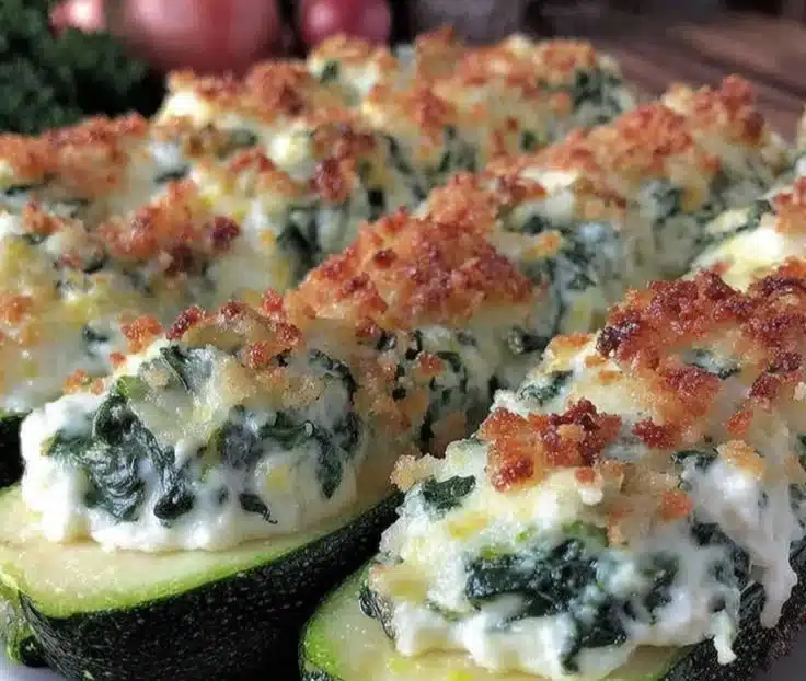 Healthy spinach ricotta stuffed zucchini boats ready to serve
