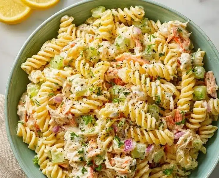 Homemade Crab Pasta Salad with Ranch Dressing - thegirlskitchen 4 Homemade crab pasta salad with ranch dressing served in a bowl.
