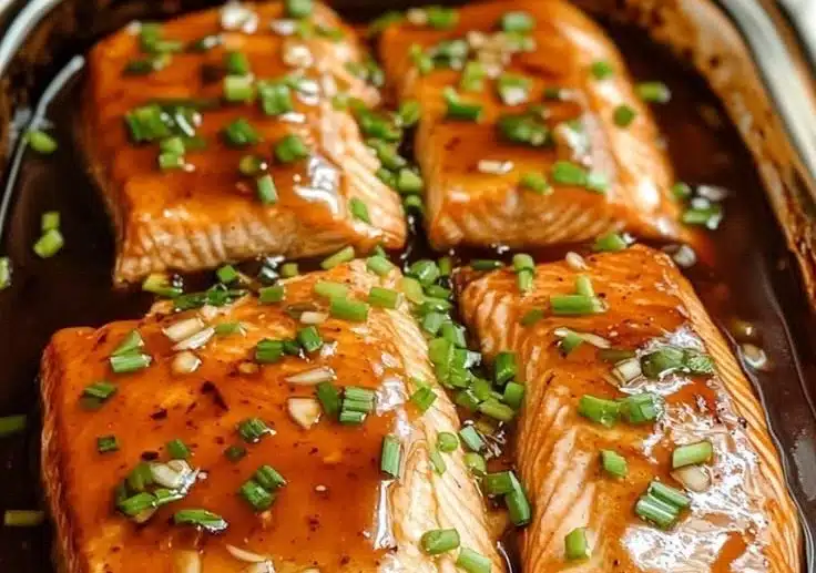 Cooked honey garlic salmon garnished with herbs on a plate