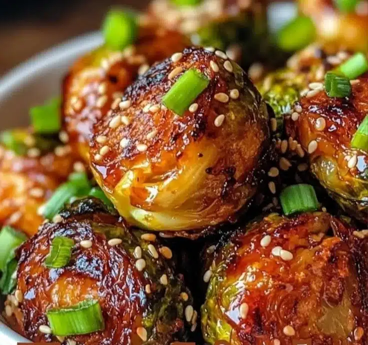 Honey Sriracha Brussels Sprouts drizzled with sauce and garnished