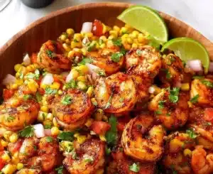Juicy grilled shrimp served with fresh corn salsa on a plate