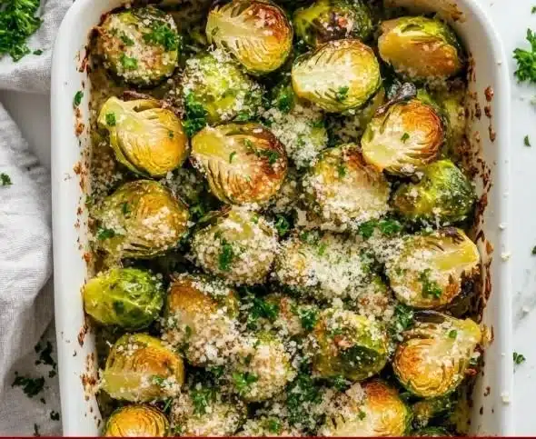 Keto Garlic Parmesan Brussels Sprouts garnished and ready to serve