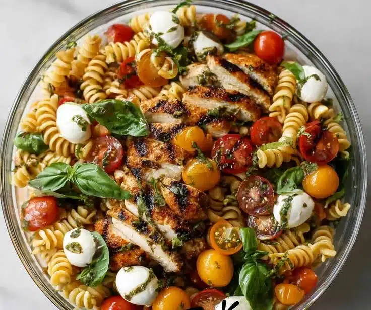 Layered Grilled Chicken Caprese Pasta Salad