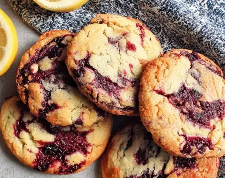 Delicious lemon blueberry cookies with a tasty glaze on a cooling rack.