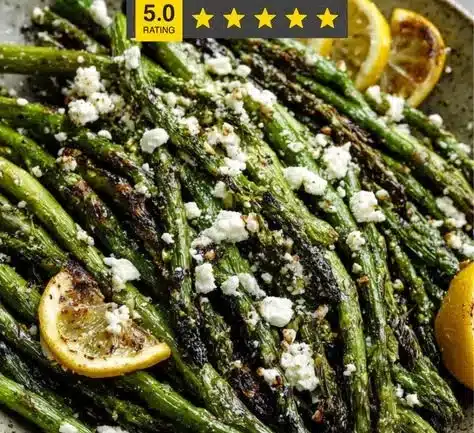 Grill Fresh Eats 3 Lemon Feta Grilled Asparagus topped with crumbled feta cheese and lemon zest