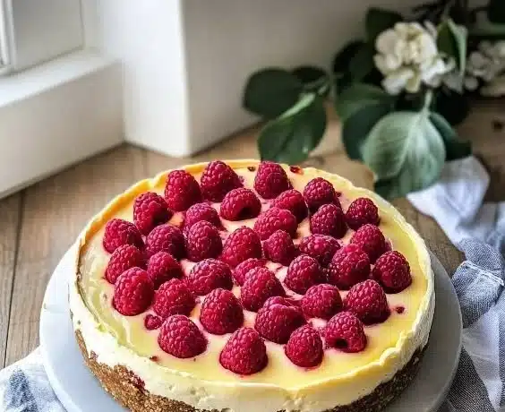 Lemon Raspberry Cheesecake 4 Lemon Raspberry Cheesecake topped with fresh raspberries and lemon slices.