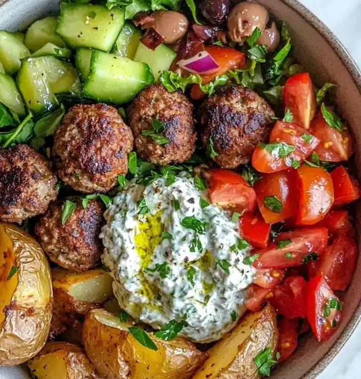 Mediterranean Bowl with Beef Meatballs