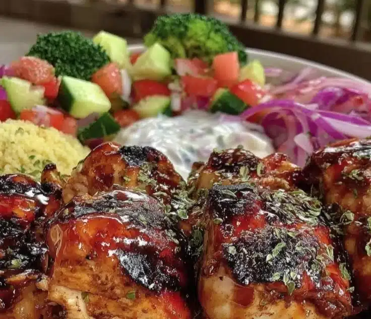 Mediterranean Chicken Bowls topped with fresh vegetables and herbs