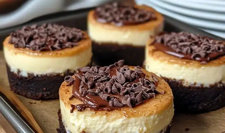 Mini cheesecakes with a brownie base served on a plate