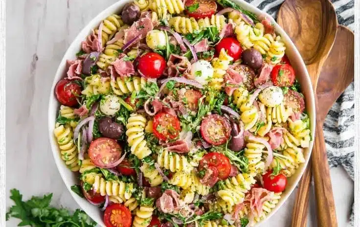 Mouthwatering Italian pasta salad with fresh vegetables and herbs