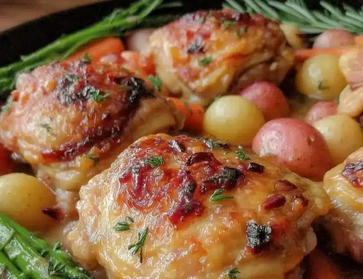 One Pan Roasted Chicken Thighs and Vegetables 4 One pan roasted chicken thighs with colorful vegetables in a savory dish.