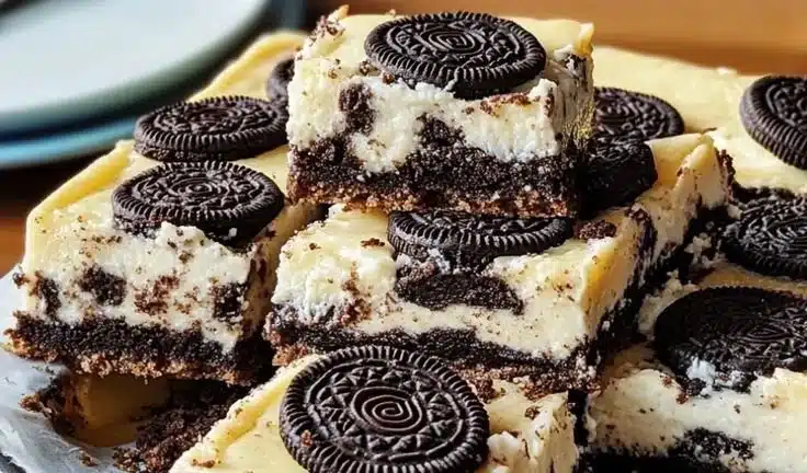 Delicious Oreo Cheesecake Bars topped with crushed Oreo cookies.