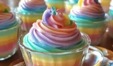 Pastel Rainbow Gelatin Cups 4 Colorful pastel rainbow gelatin cups served in clear cups.