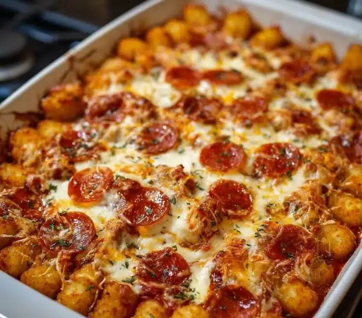 Delicious Pizza Tot Casserole with melted cheese and toppings.
