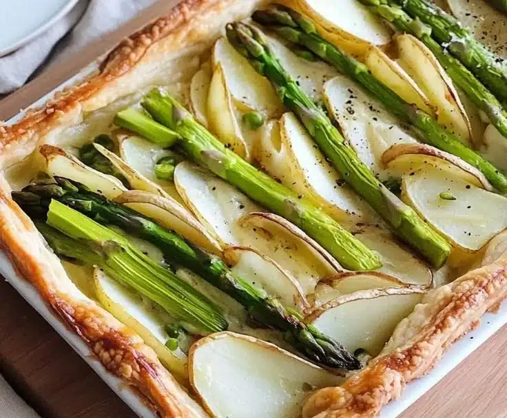 Delicious homemade Potato Asparagus Tart served on a plate