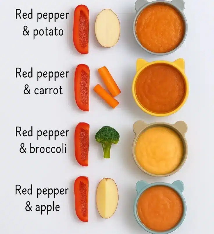 Homemade red bell pepper baby puree in a bowl, rich in nutrients.