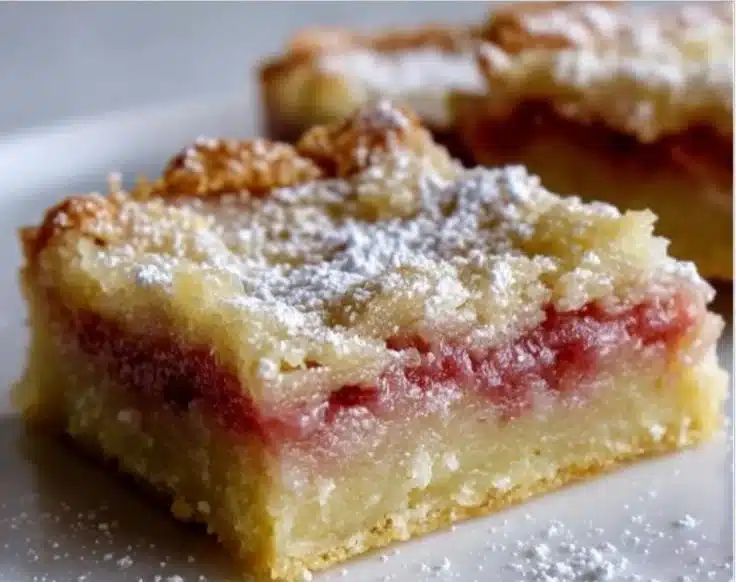 Delicious rhubarb dream bars with a creamy topping and rhubarb filling