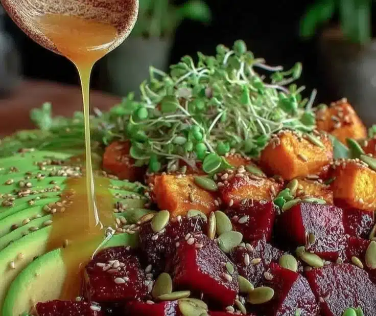 Roasted Beet and Sweet Potato Avocado Salad 4 Delicious roasted beet and sweet potato avocado salad served in a bowl
