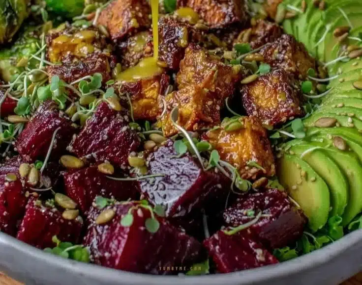 Roasted Beet and Sweet Potato Avocado Salad