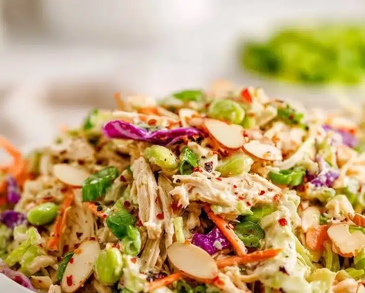 Fresh rotisserie chicken salad with vegetables and dressing