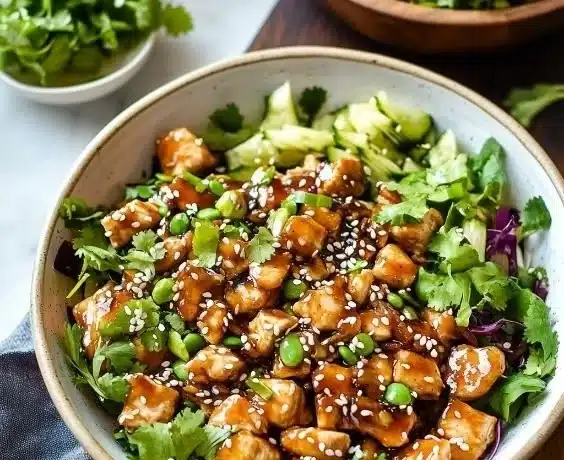 Delicious Sesame Chicken Salad with fresh greens and sesame dressing