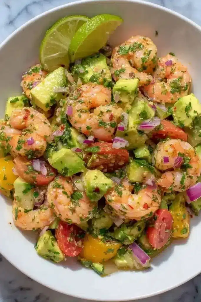 Delicious shrimp salad served in a bowl, garnished with fresh vegetables.