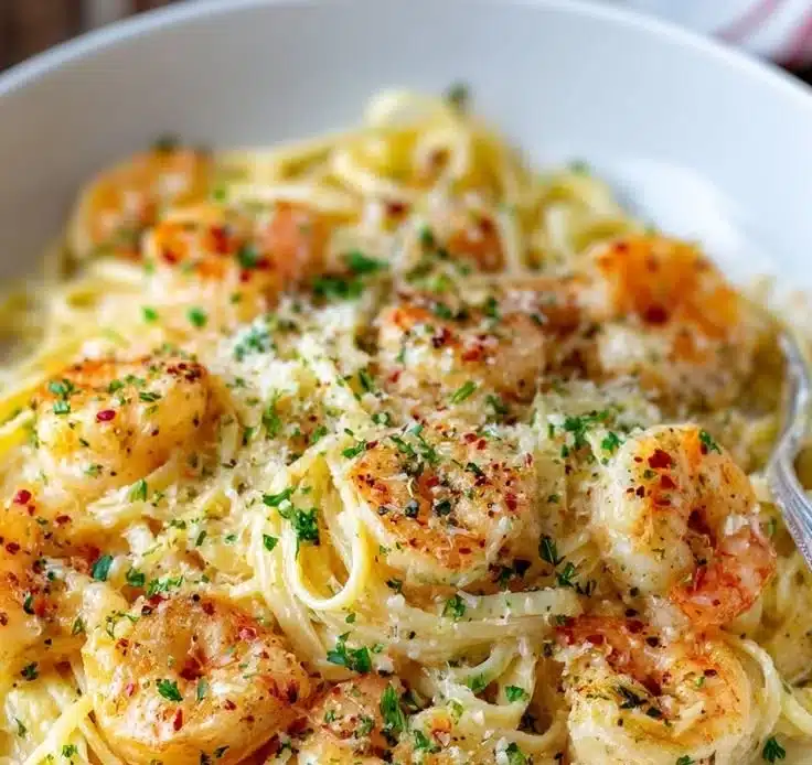 Creamy Shrimp Scampi Garlic Cream Pasta served in a bowl with herbs