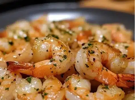 Plate of simple lemon garlic shrimp garnished with parsley