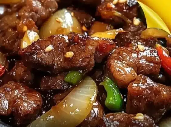 Sizzling Chinese Pepper Steak with Onions served on a plate