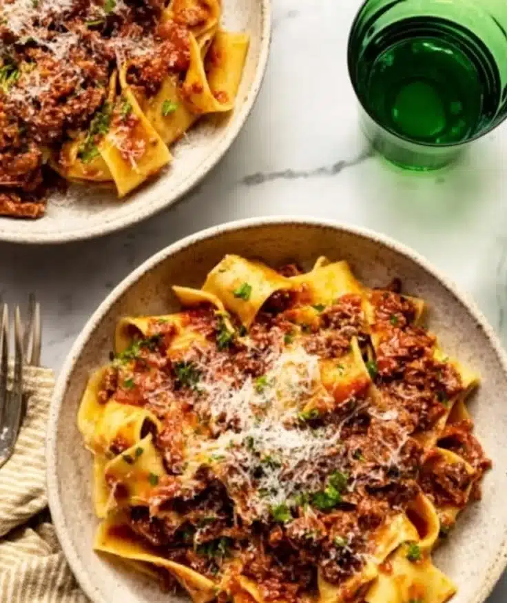 Slow Cooker Beef Ragu in a bowl garnished with fresh herbs