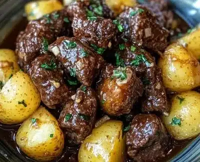 Slow Cooker Garlic Butter Beef Bites & Potatoes