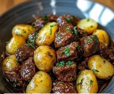 Slow Cooker Garlic Butter Beef Bites & Potatoes