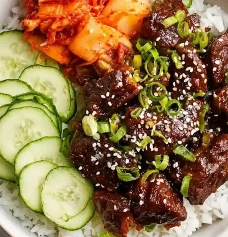 Delicious Slow Cooker Korean Beef served with rice and vegetables.