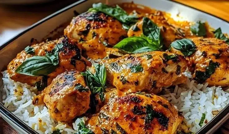 Spiced Coconut Basil Chicken served with rice, showcasing vibrant flavors and ingredients.