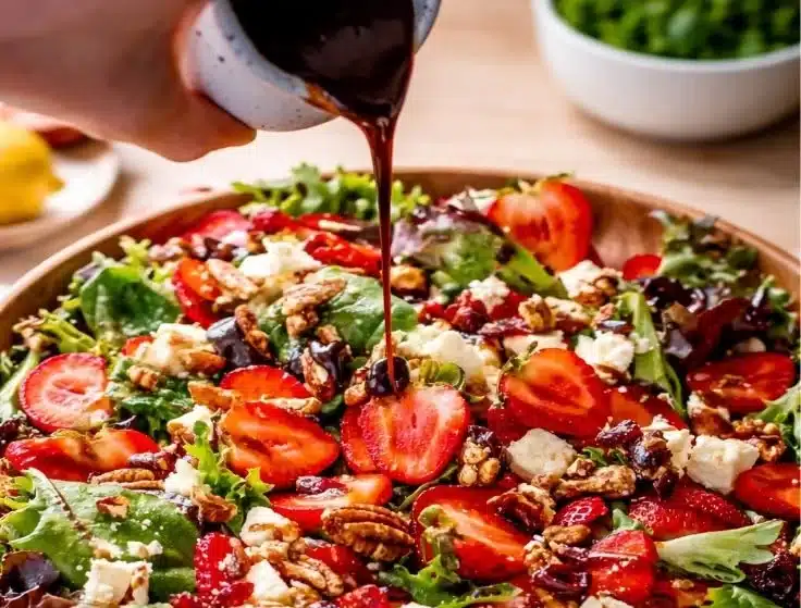 Spinach Summer Salad 4 Bowl of spinach summer salad with fresh vegetables and dressing