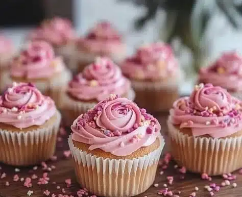 Sprinkled rose cupcakes decorated with delicate petal designs