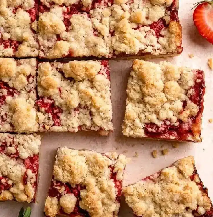 Delicious homemade strawberry crumb bars with a buttery crumb topping.